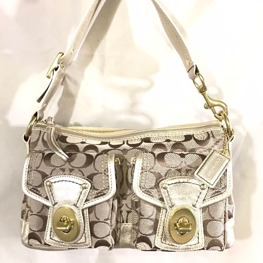 COACH コーチ 金レザー×シグネチャーキャンバス 肩かけワンショルダーバッグターンロック