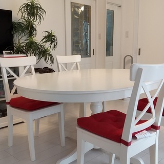 IKEA イケア　ダイニングテーブルセット　ホワイト　テーブル延長　円形