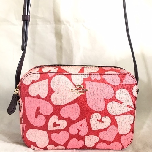 COACH コーチ ブラウンレザー×PVCハート柄 斜めがけショルダーバッグ ショルダーバッグ F91042 PVC バレンタイン ハートプリント ミニ カメラバッグ IMQA3