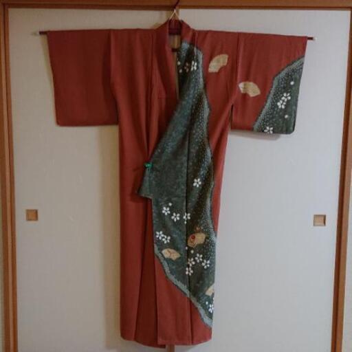 新品☆仕付け糸付き☆着物・帯セット☆赤茶☆着物