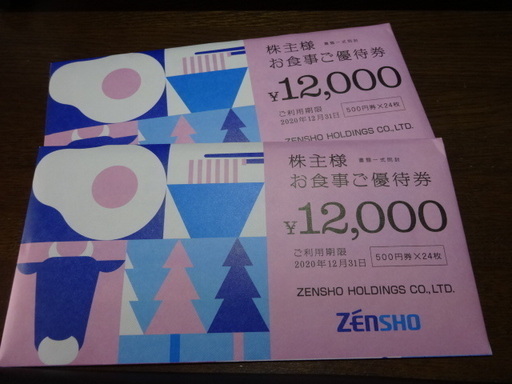 最新☆ゼンショー株主優待券24000円分☆2020年12月31日迄☆500円券×48