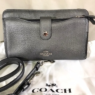 COACH コーチ メタリックグレー 斜めがけショルダーウォレッ...