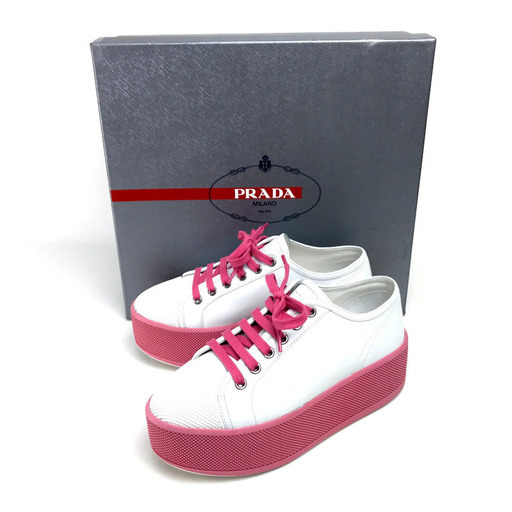 【美品】PRADA プラダ 厚底　バイカラー シューズ　靴 スニーカー レザー ピンク ピンク レディース