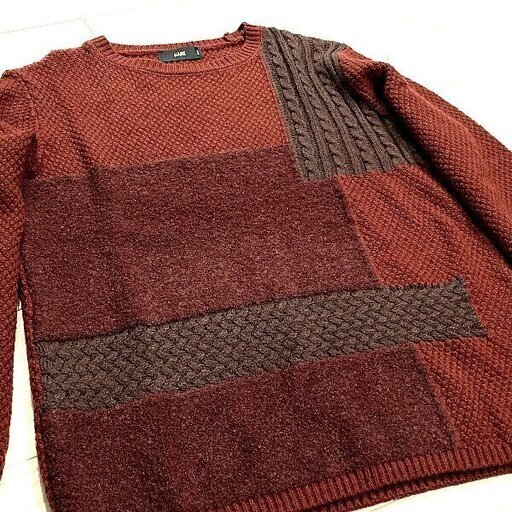 Hare ハレ メンズ パッチワーク風ニット セーター レッド系ボルドー 赤検 ラッドミュージシャン レイジブルー ギルドプライム ビーム リーブル 三ノ宮のセーター メンズ の中古 古着あげます 譲ります ジモティーで不用品の処分
