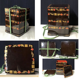 c712 木製 漆器 重箱 蒔絵 小重箱 台付 箱付 四段重