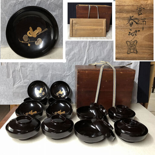 c760 漆塗 吸物椀 10客 高蒔絵 木製 漆器 汁椀 時代 懐石道具 合わせ箱(在銘)