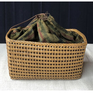 c787 古い 竹籠 竹製 かばん 巾着 バッグ アンティーク 巾着籠