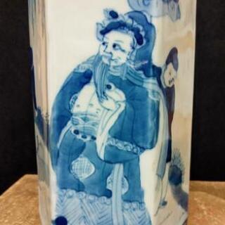 中国骨董品 陶磁器 青花六角筆筒 大清乾隆年製 初夏の釣り人を眺める 