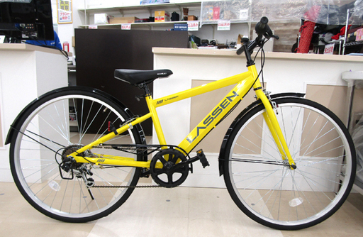 札幌市/清田区 LASSEN/ラッセン  シティサイクル 26インチ 自転車 イエロー クロスバイク風デザイン 6段変速