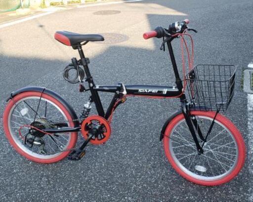 《取引中！》【美品】折り畳み自転車　20インチ　6段変速　ライト　ワイヤーロック　かご付き