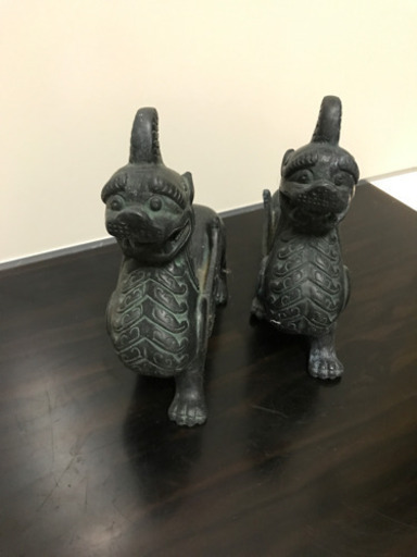 銅製獅子 麒麟 進廣源 置物 細密彫 時代 骨董 古美術品