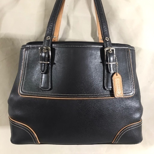 COACH オールドコーチ 黒レザー×シグネチャー ジップトートバック日本未発売 COACH J3Q9605 BLACK LEATHER TAN TRIM PIPING ZIP UP DUAL STRAP HANDBAG TOTE