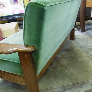 高級　2人掛けソファ　ファブリック　レトロ風グリーン　布張り　日本製