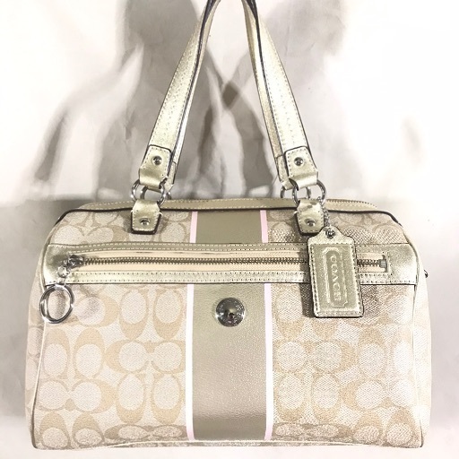 COACH コーチ 金レザー×PVCシグネチャー 肩かけショルダーボストンバッグ
