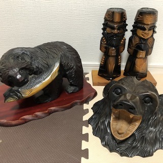 北海道木彫3点セット(熊、アイヌ人形)