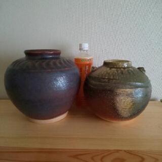 壺 花瓶 備前焼(?) 紫、ブルー グリーン 青 緑