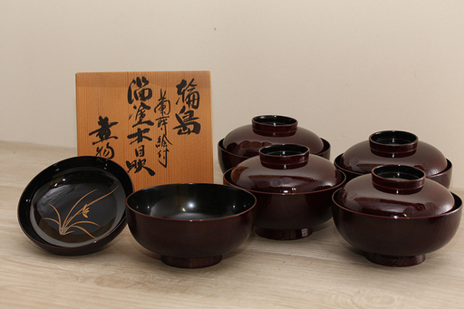 北浜一清作 煮物椀 熊本輪島 蘭蒔絵付 5点セット(R1445wY)