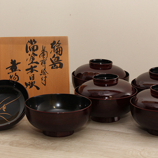 北浜一清作 煮物椀 熊本輪島 蘭蒔絵付 5点セット(R1445wY)