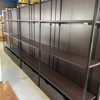 陳列棚×9セット！棚板＆収納トロッコ付きで絶対お得！店舗什器 店舗用陳列棚 ストアエキスプレス ユニットラック 壁面用パネル 120タイプ