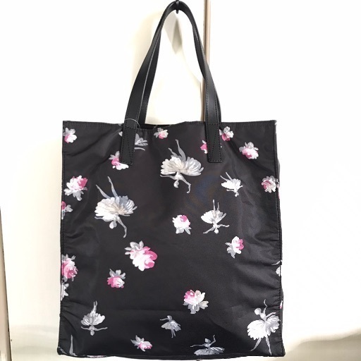 マークジェイコブス 黒レザー×ナイロントートバッグ 花＆バレエ柄プリント エコバッグ