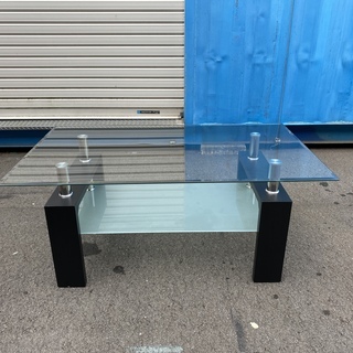 センターテーブル リビングテーブル ガラス天板 黒×シルバー 中古品