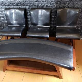 【未使用・訳アリ】アジアンモダンデザイン・回転チェア3脚・２Pベンチ1脚・天然木、PUレザー