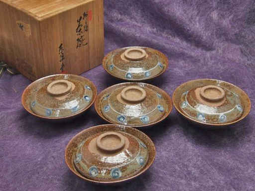【JA】東錦堂 獅子絵 萬古焼 蓋付茶碗 五客