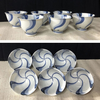 c842 平安 春峰 煎茶碗 6客 共箱 捻梅図 捻紋 茶道具