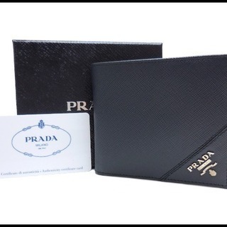 良品 PRADA プラダ サフィアーノレザー 二つ折り財布 紺 ...