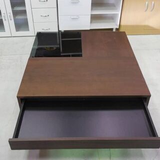 スクエアテーブル 幅90cm リビング用 天板 木製/ガラス一部 ブラウン ブラック スタイリッシュデザイン 黒/茶 札幌市東区 新道東店