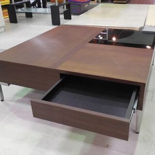 スクエアテーブル 幅90cm リビング用 天板 木製/ガラス一部 ブラウン ブラック スタイリッシュデザイン 黒/茶 札幌市東区 新道東店