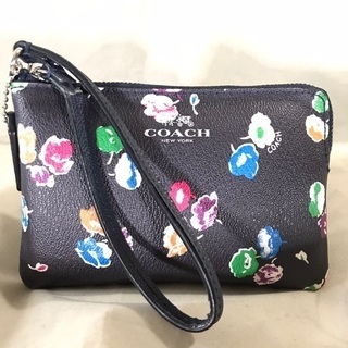 COACH コーチ 黒レザー×PVCプリント マルチポーチリストレット