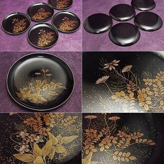JA】名工 塗師 砺波宗斎 秀作 草花絵 蒔絵銀縁 銘々盆五客揃 【公式通販】