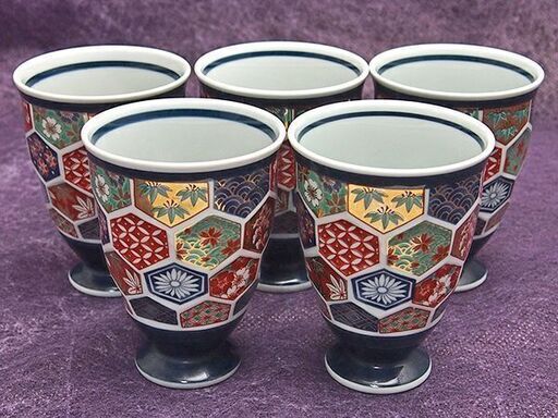 【JA】林九郎 古伊万里 色絵金彩 亀甲 ゴブレット五客揃