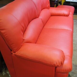 フェイクレザー張り　２人掛けソファ　レッド　オットマン付き　ラブソファ　カウチソファ　合成皮革　スツール