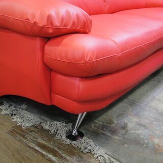 フェイクレザー張り　２人掛けソファ　レッド　オットマン付き　ラブソファ　カウチソファ　合成皮革　スツール