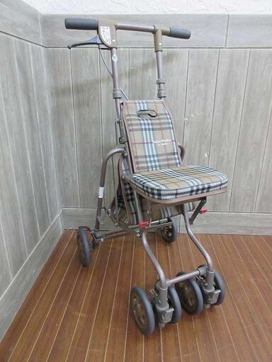 ss1456　島製作所　シルバーカー　サニーウォーカー　ベージュチェック　SHIMA　4輪　カート　折りたたみ式　手押し車　収納バッグ付き　ハンドブレーキ　ショッピング　歩行器　歩行車　ウォーキング