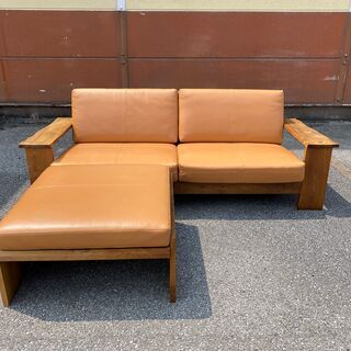 展示品 ソファ 本革 2.0～2.5P 2～3人掛け 茶 オットマン付き 中古品