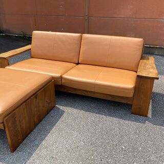 展示品 ソファ 本革 2.0～2.5P 2～3人掛け 茶 オットマン付き 中古品