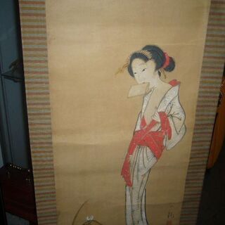 レア河田小龍「霜月鳥追い女」掛軸真筆