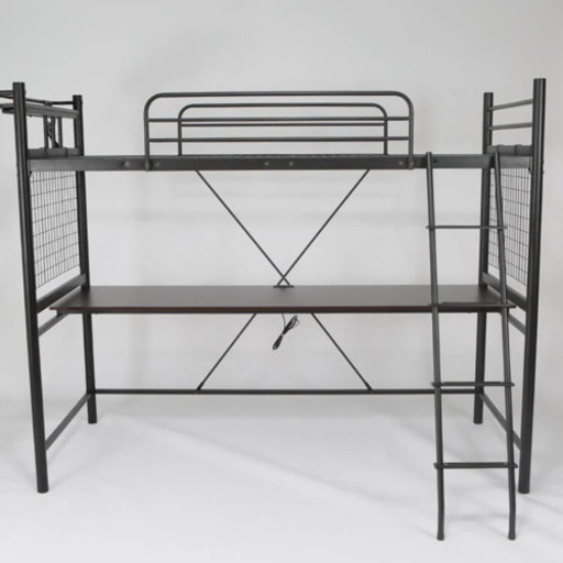 [シングル] ロフトベッド（ブラック） 天板コンセント有 宮棚付システムベッド