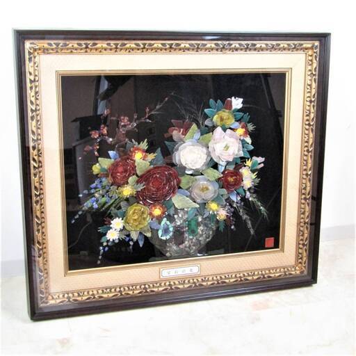 N1471・天然石 宝石画 貴石画 薔薇 宝石の花 額サイズ 96×86cm ストーン 額入り 壁飾り アート インテリア 工芸品