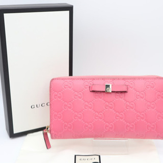 《GUCCI/グッチシマ リボン ラウンドファスナー》ABランクピンク 美品 箱