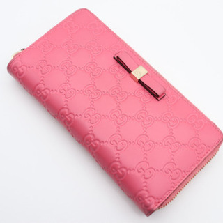 《GUCCI/グッチシマ リボン ラウンドファスナー》ABランクピンク 美品 箱