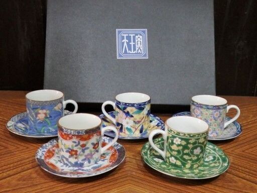 ◆お値下げしました◆天王窯 翔優作 京友禅 絵変り 珈琲碗皿揃 5客セット デミダスカップ 絵皿
