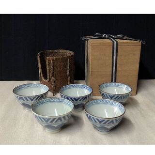 e309 唐物 煎茶碗 5客 染付 碗筒 合わせ箱 中国古玩