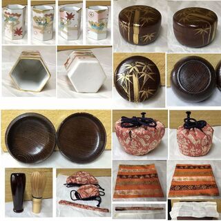 e310 茶箱 木製 漆塗 野点 抹茶碗 仕覆 瑞雲 振出 春峰 棗