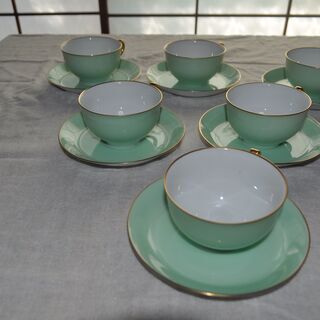 大倉陶園 色蒔き 金ロゴ入り カップ&ソーサー4客 ライトグリーン