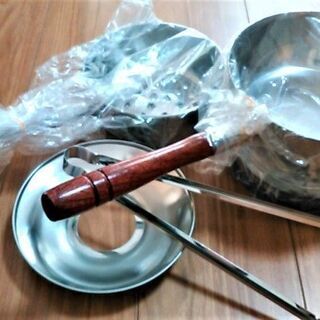 台付十能セット 蓋付 ステンレス製 台十能 台十能用蓋 火起こし 火起こし用蓋 火挟み 火おこし★新品未使用★