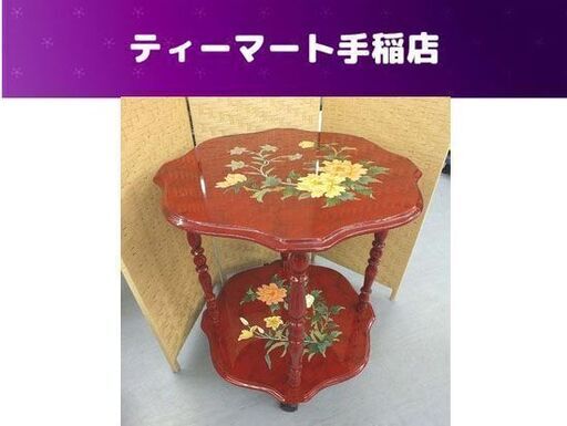 東洋風 サイドテーブル 花台 赤 キャスター付きオリエンタルテーブル